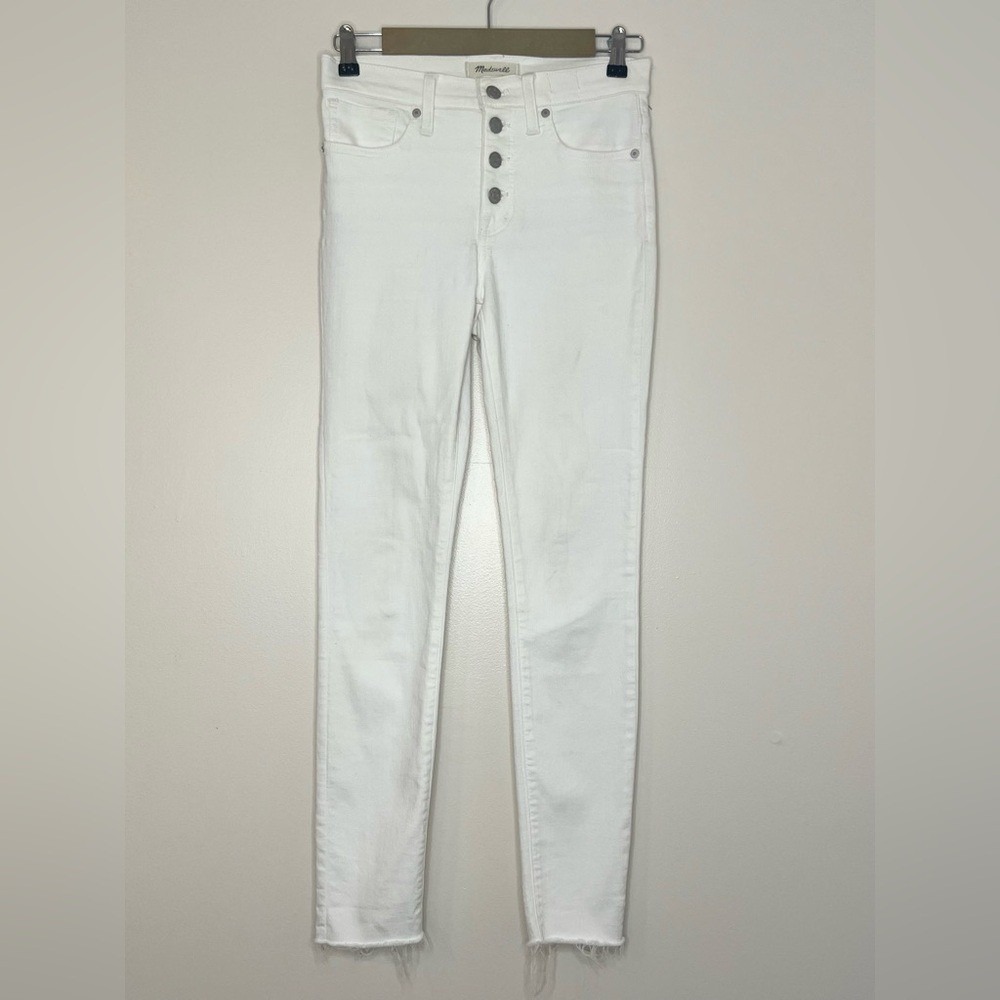 MADEWELL‎ 9" Mid Rise Skinny White Jeans Ankle Length Raw Hem Button Fly | 25